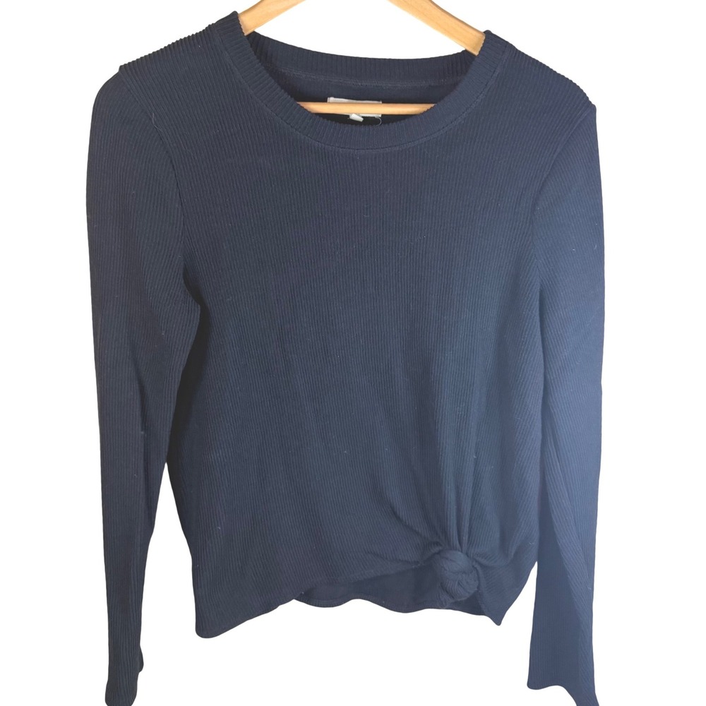 Madewell Black Ribbed Knit Long Sleeve Tie Front Top Women Size M Staple Classic